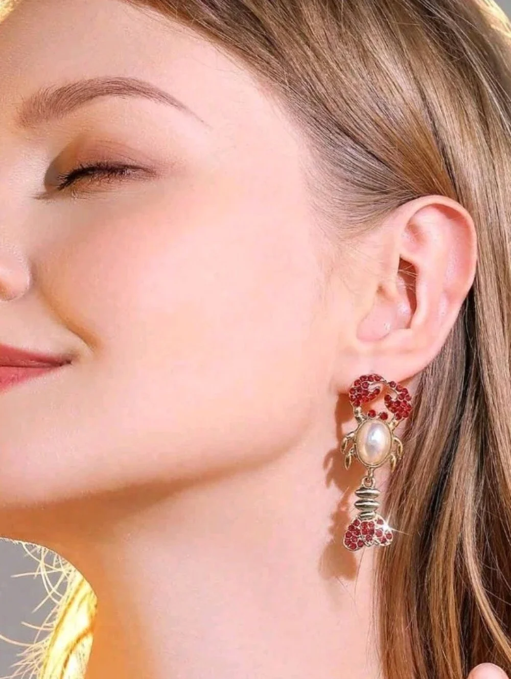 NEW! Stunning Gold Red Sparkly Crystal Crab Earrings with Pearl Center Accent
